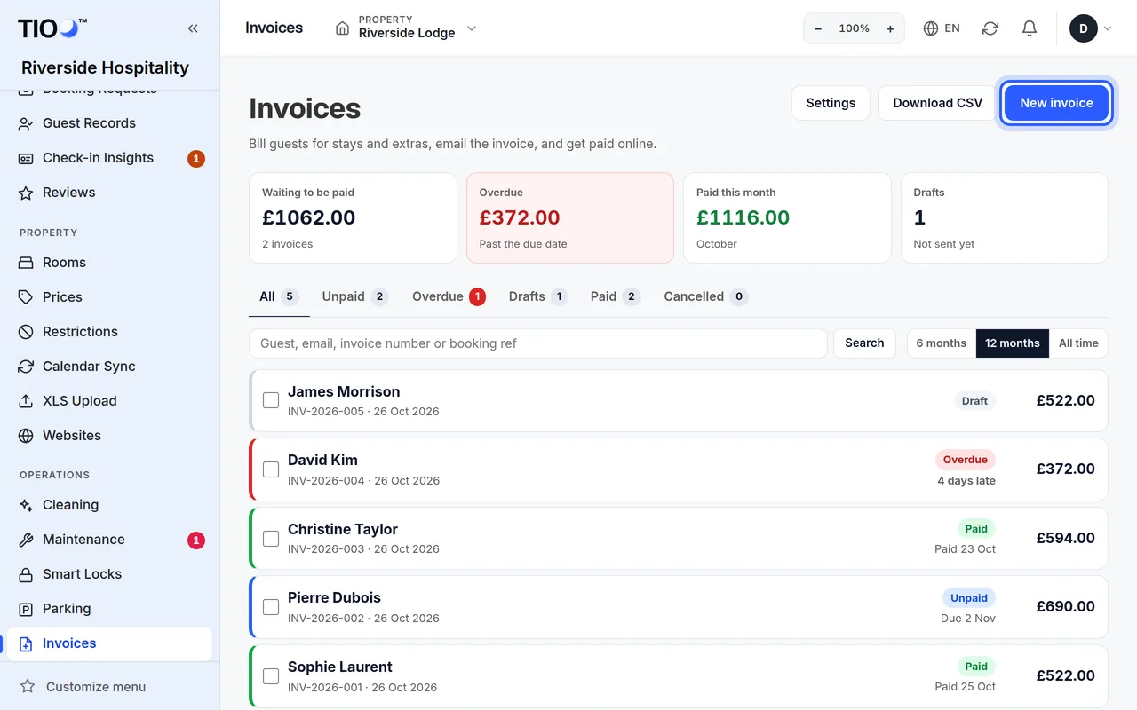 The Invoices page