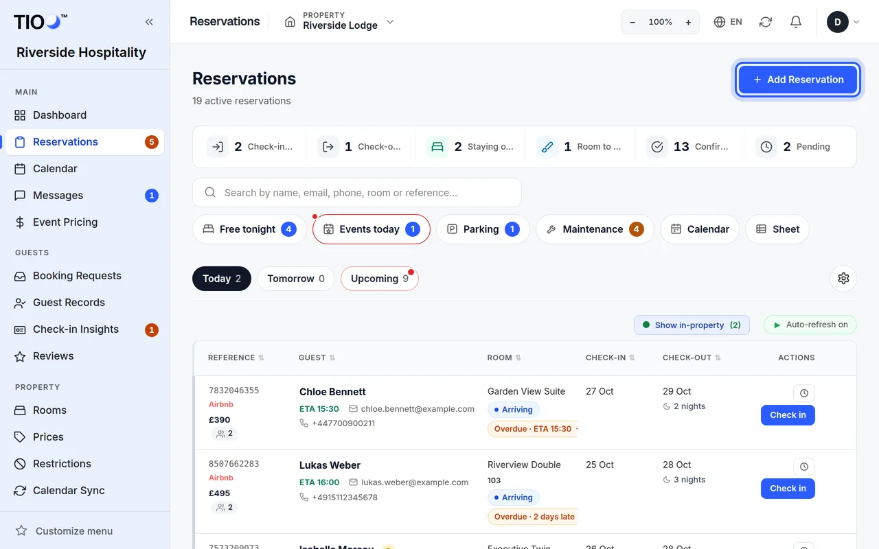 The Reservations page