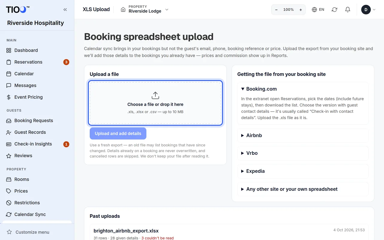 The XLS Upload page