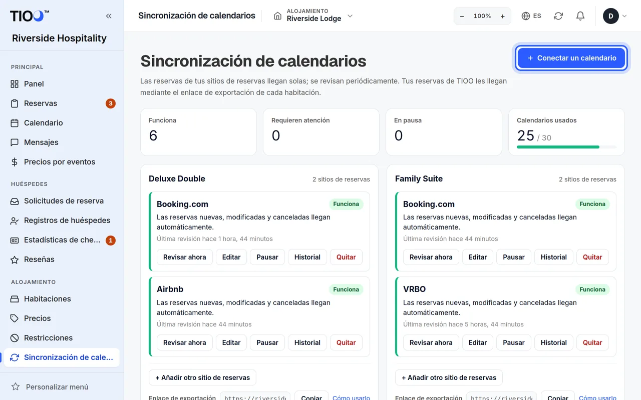 La página de sincronización de calendarios