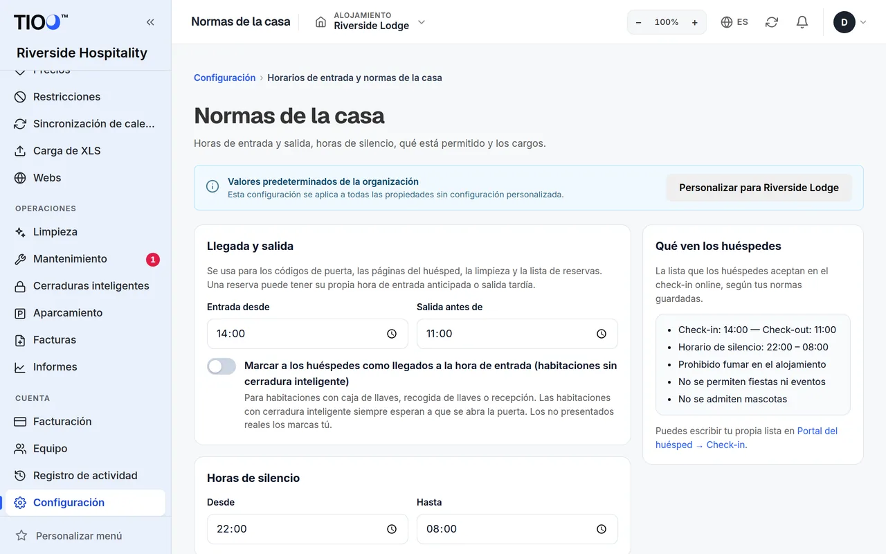 La página de normas de la casa