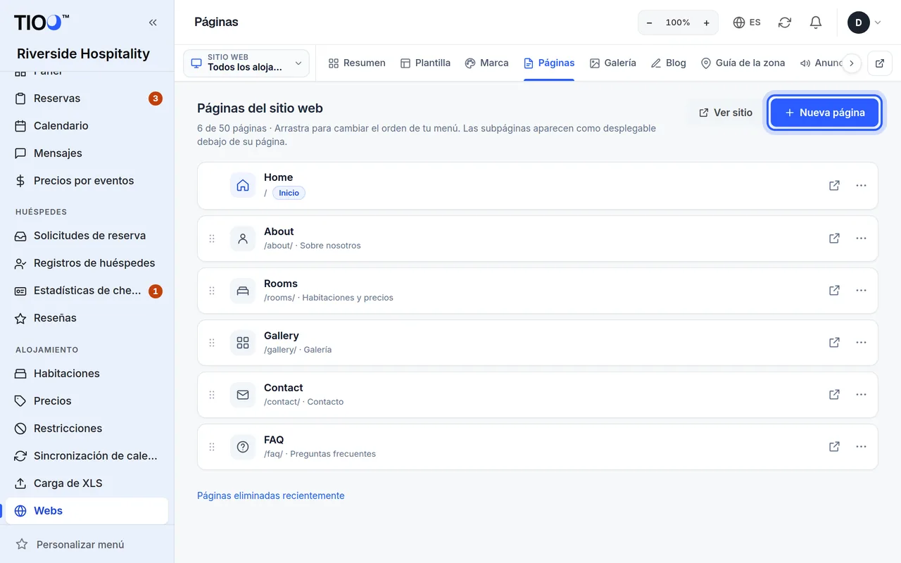 La lista de páginas