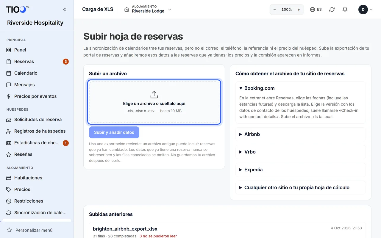 La página para subir el archivo