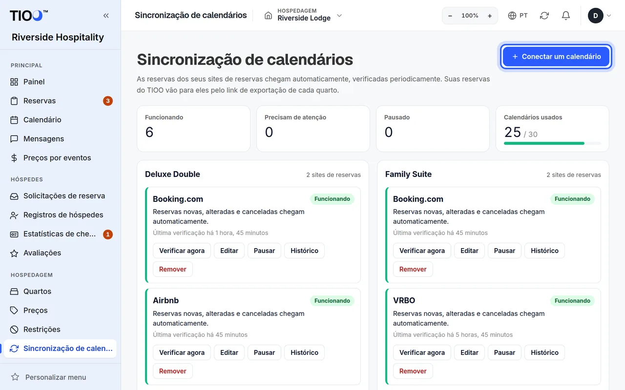 A página de sincronização de calendários