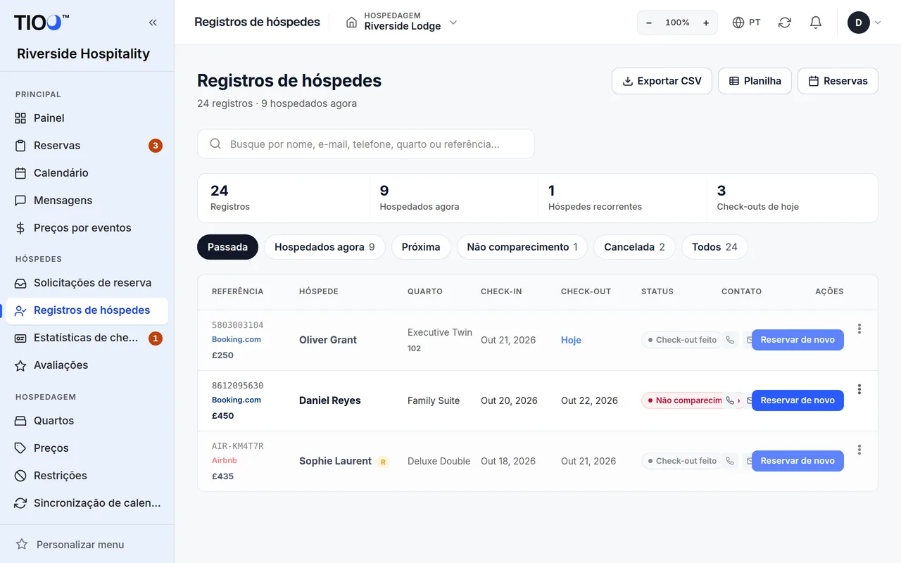 A página de registros de hóspedes