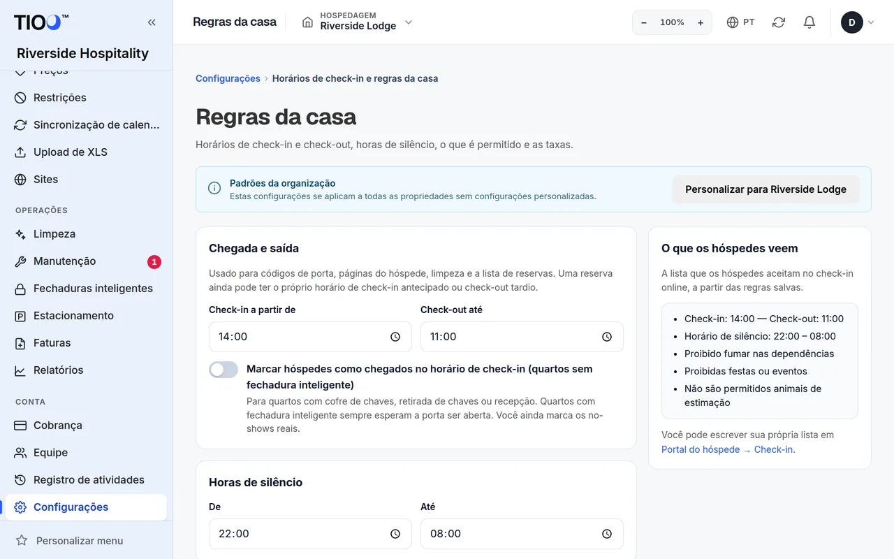 A página de regras da casa