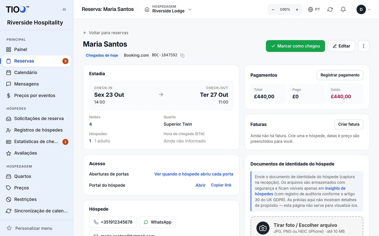 A página de uma reserva