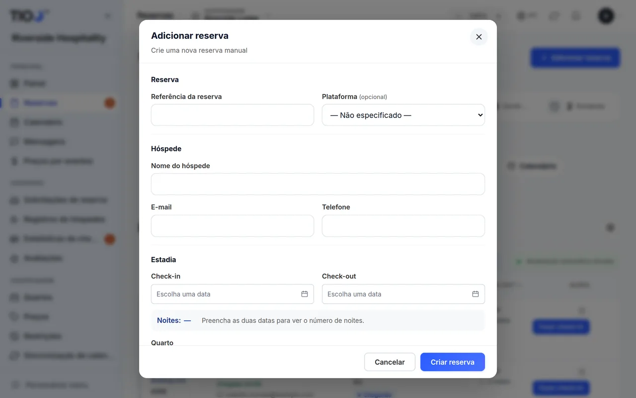 O formulário para adicionar uma reserva