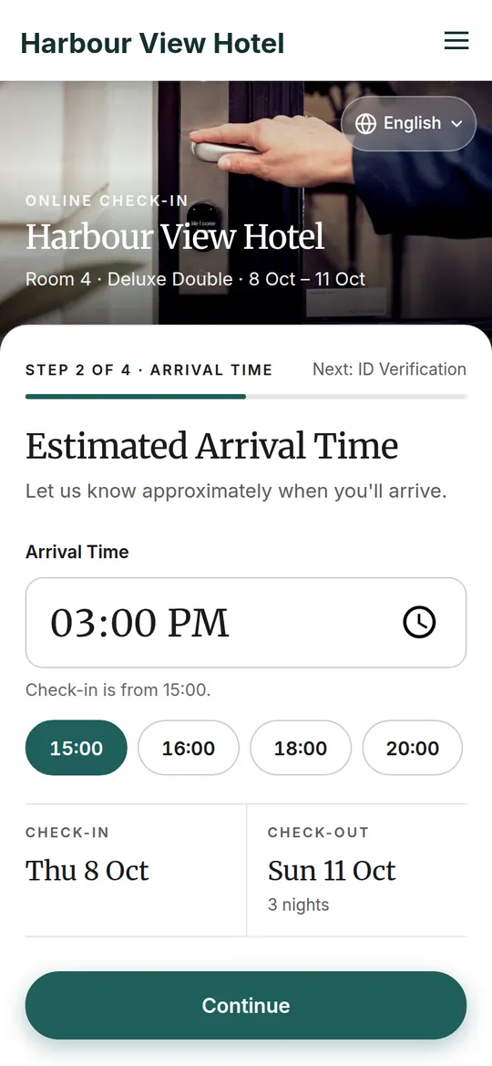 Phone screen: a check-in step where the guest taps their arrival time.