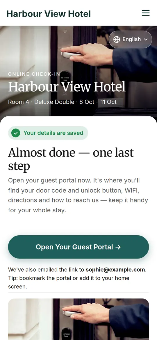 Phone screen: check-in finished, with a button to open the guest app.