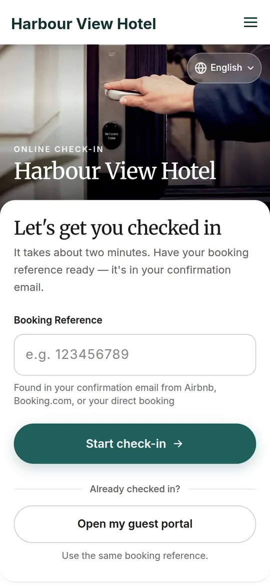 Phone screen: the hotel's online check-in page, asking the guest for their booking reference.